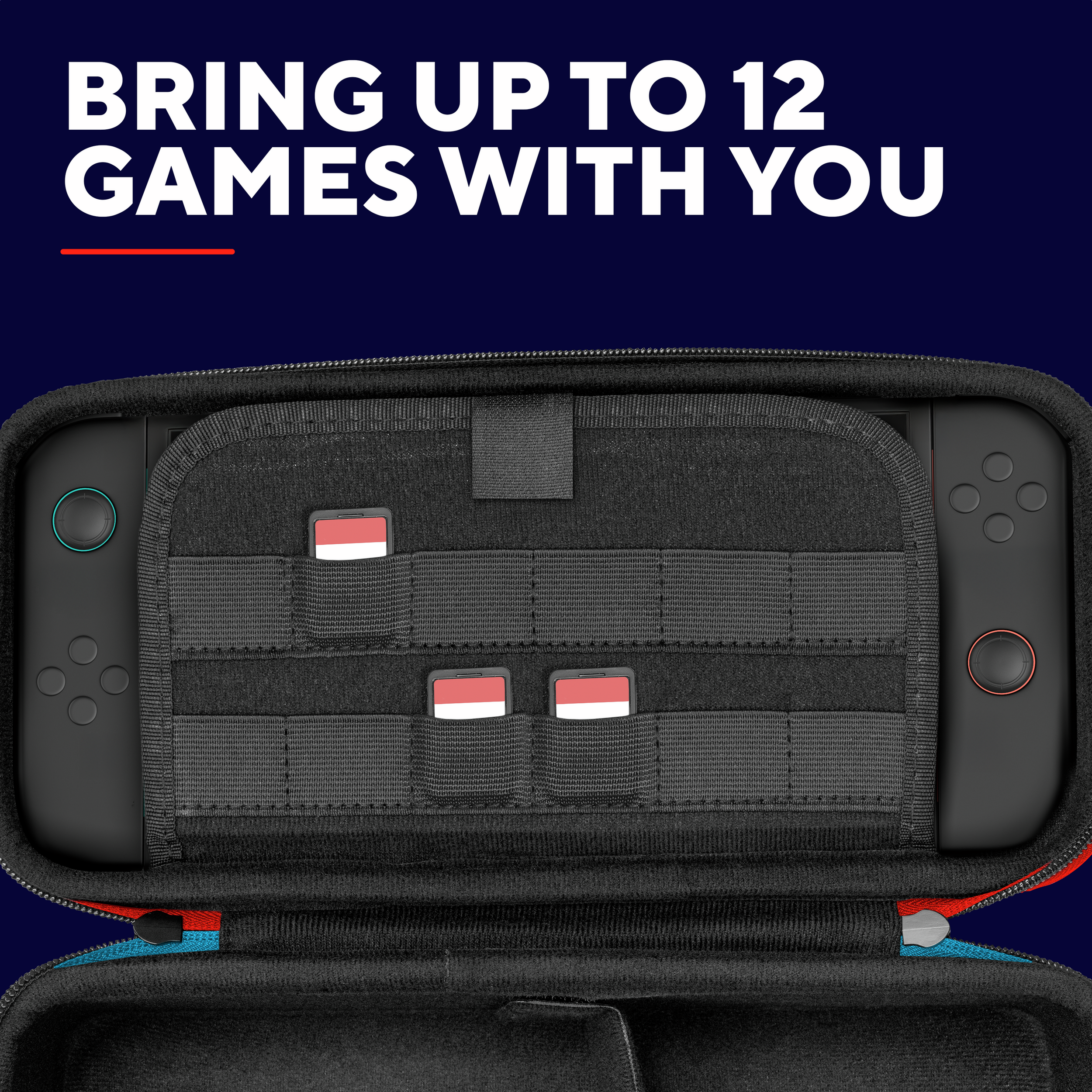 Een zwarte gamecase met drie rood-witte gamecardhouders.