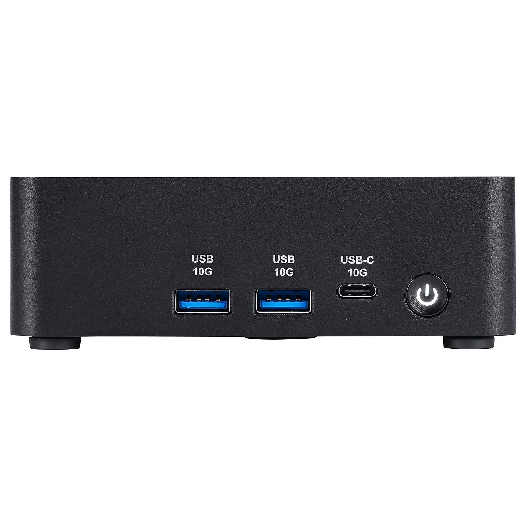 Czarne urządzenie z portami USB-A, USB-C i przyciskiem zasilania.