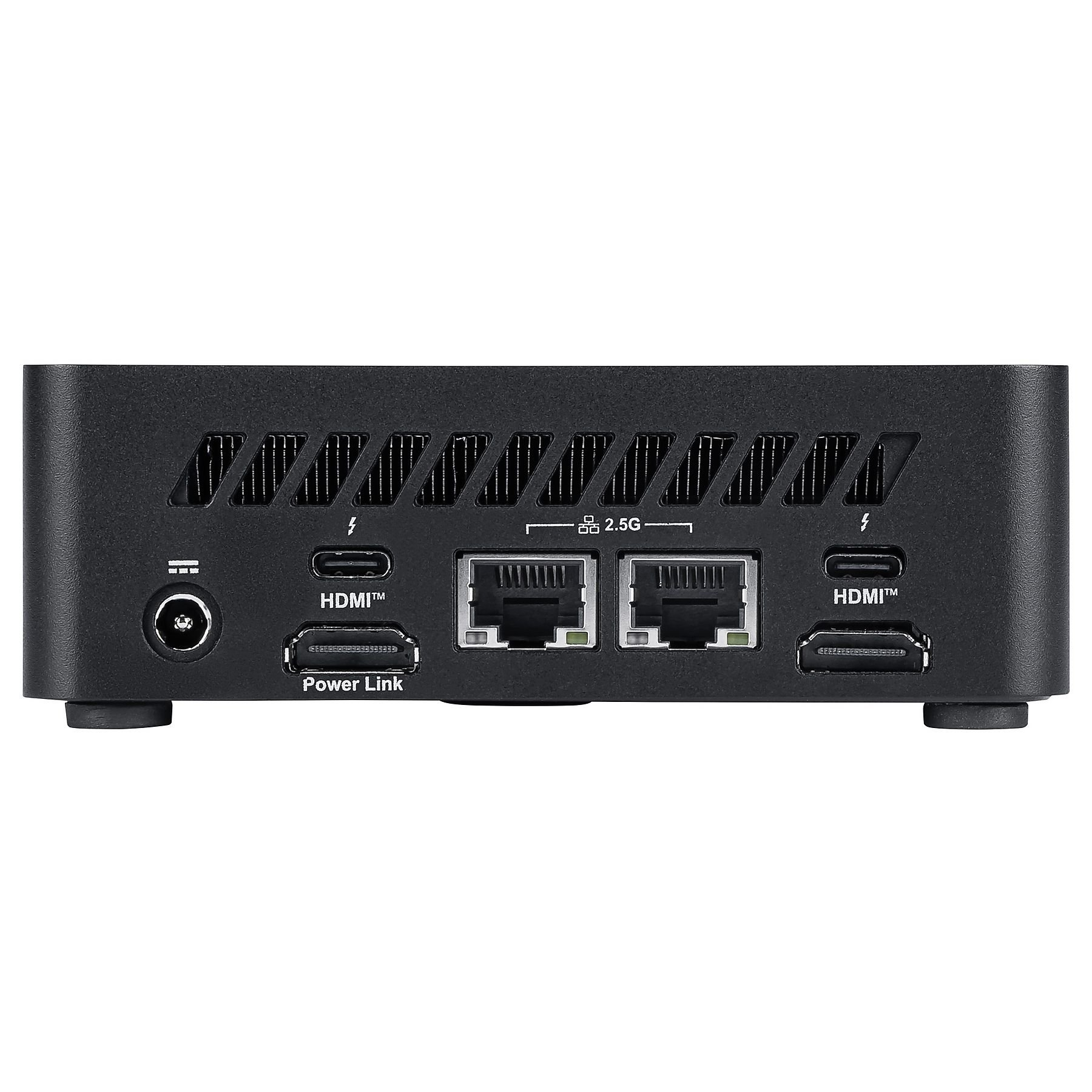 Czarna obudowa mini PC z portami: Zasilanie, HDMI, 2x LAN, Ethernet 2.5G.