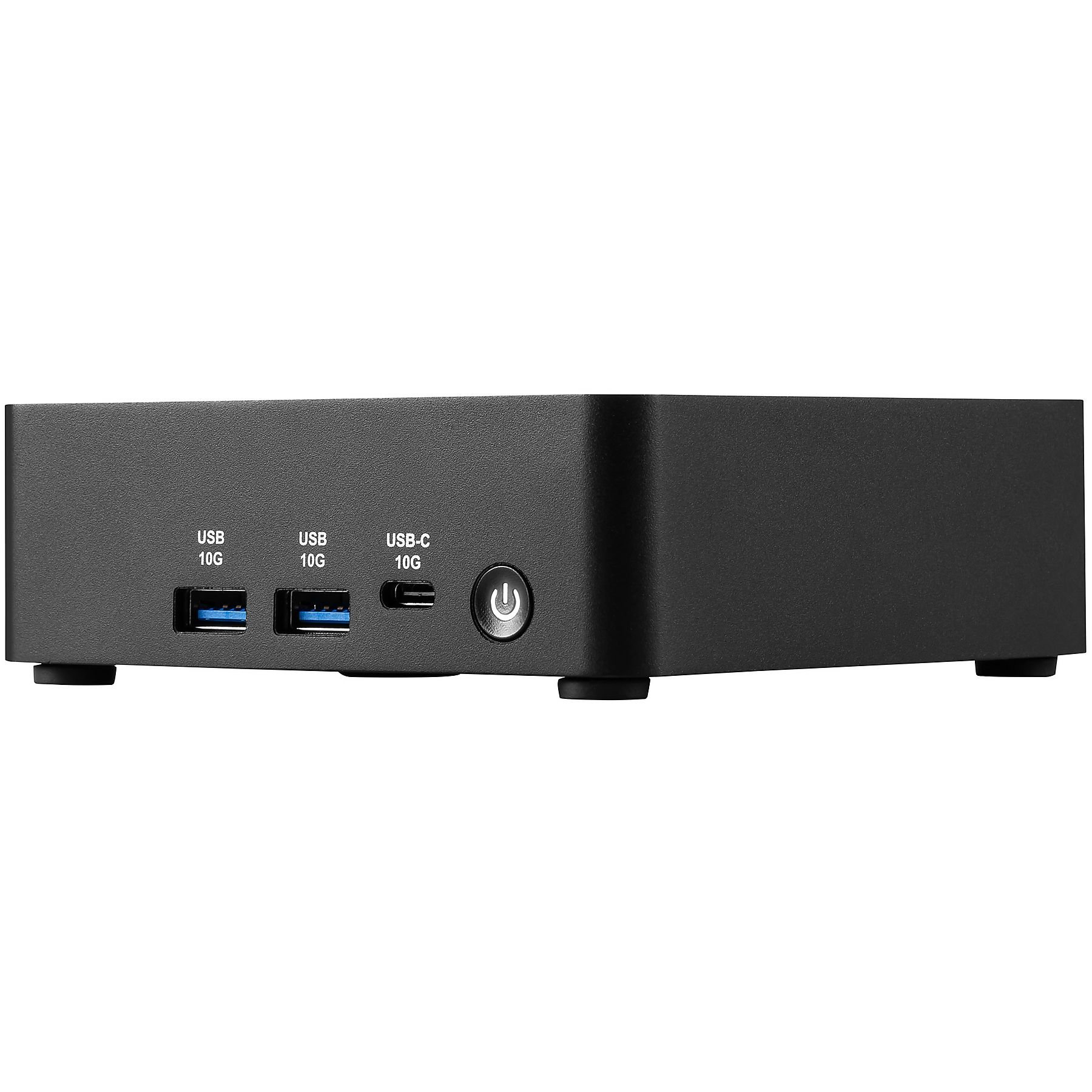 Czarna obudowa mini PC z dwoma portami USB-A i jednym USB-C.