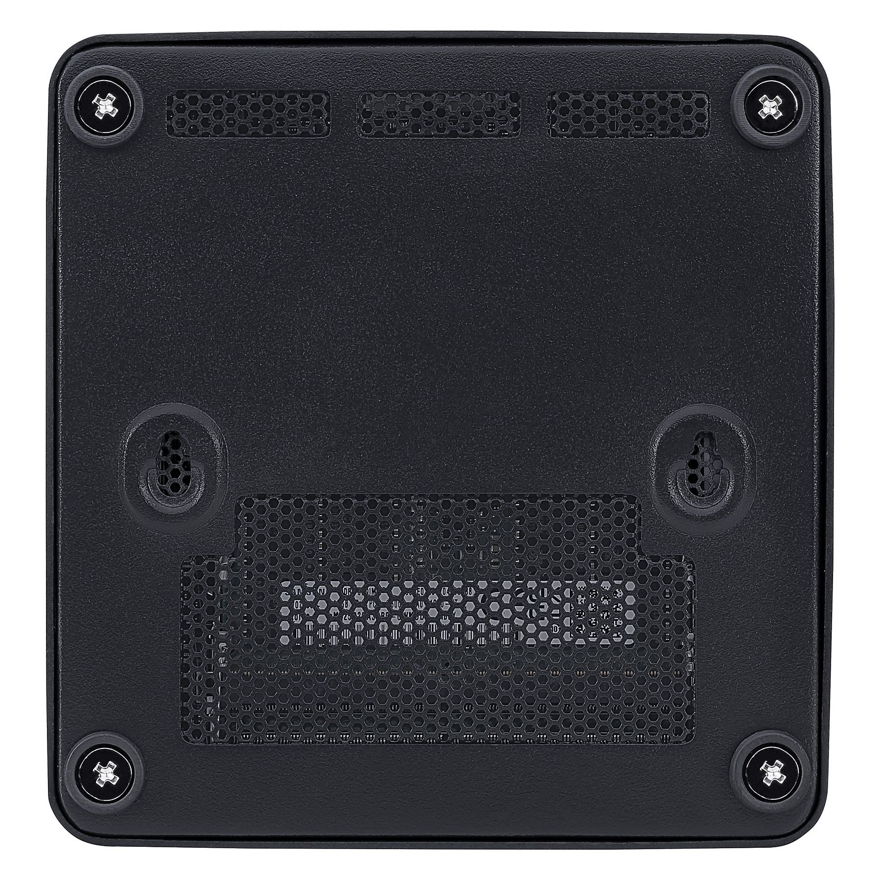 Spód czarnego komputera z kratkami wentylacyjnymi i śrubami.