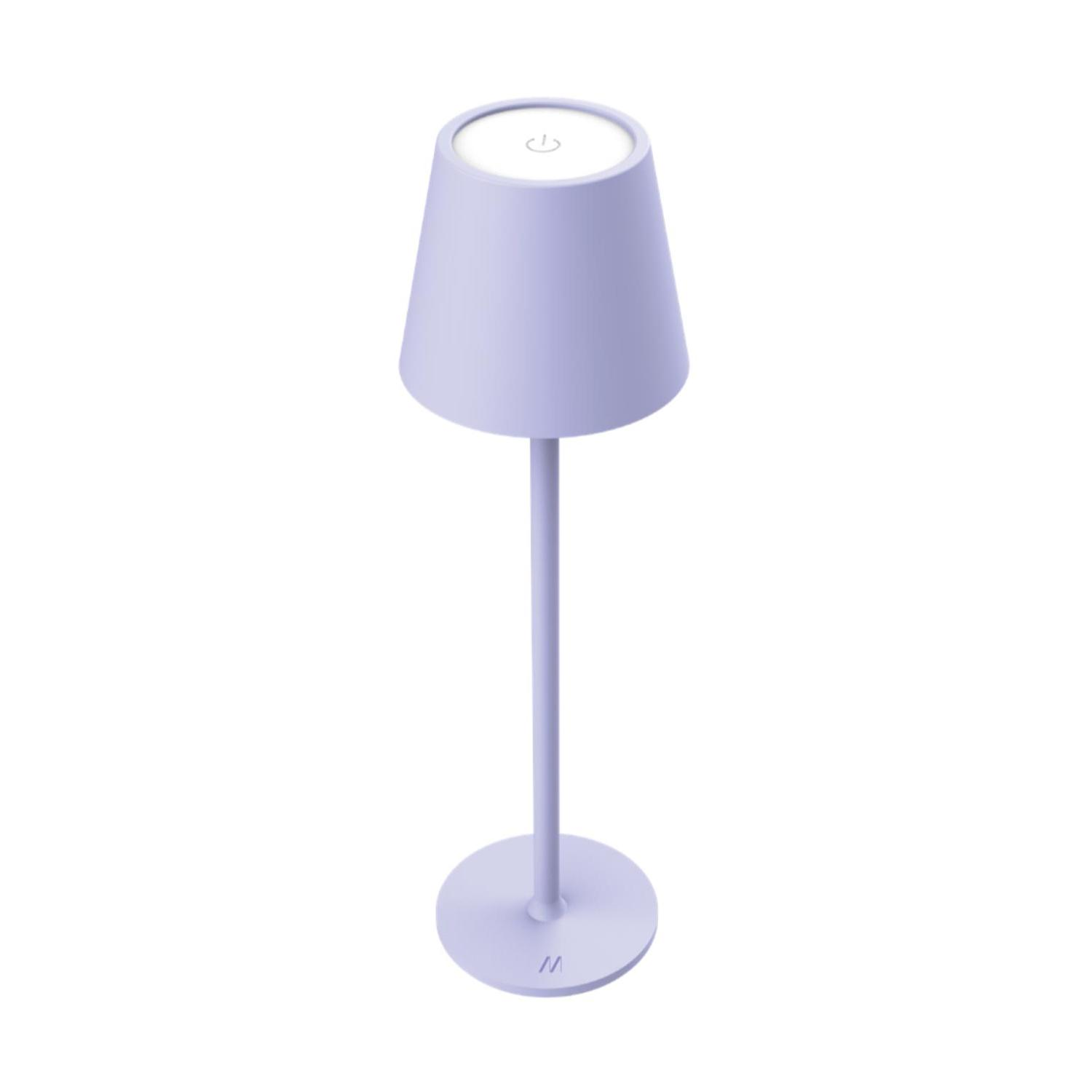 Lampada da tavolo viola con base rotonda, stelo sottile e paralume conico. Controllo touch.