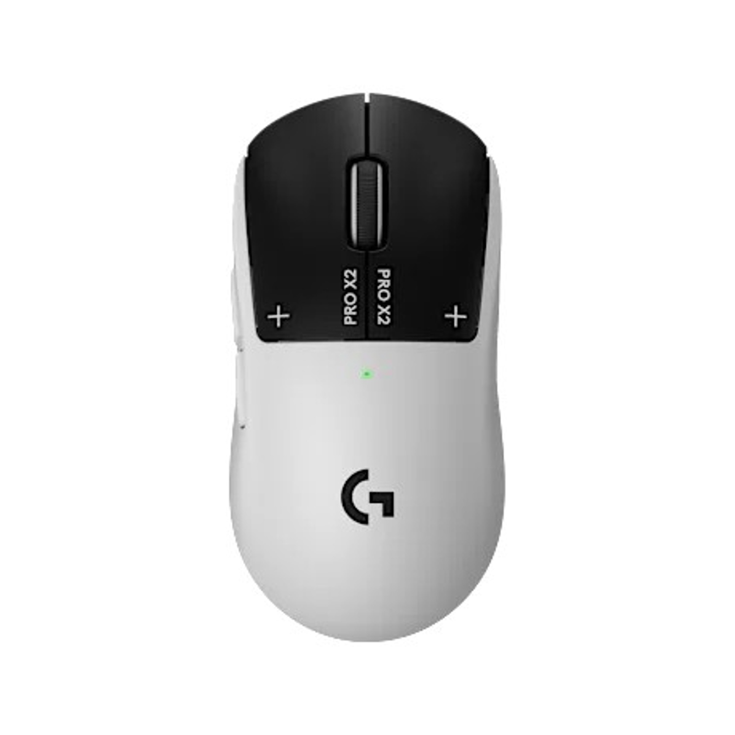 Biała i czarna mysz gamingowa Logitech z kółkiem i dwoma przyciskami.