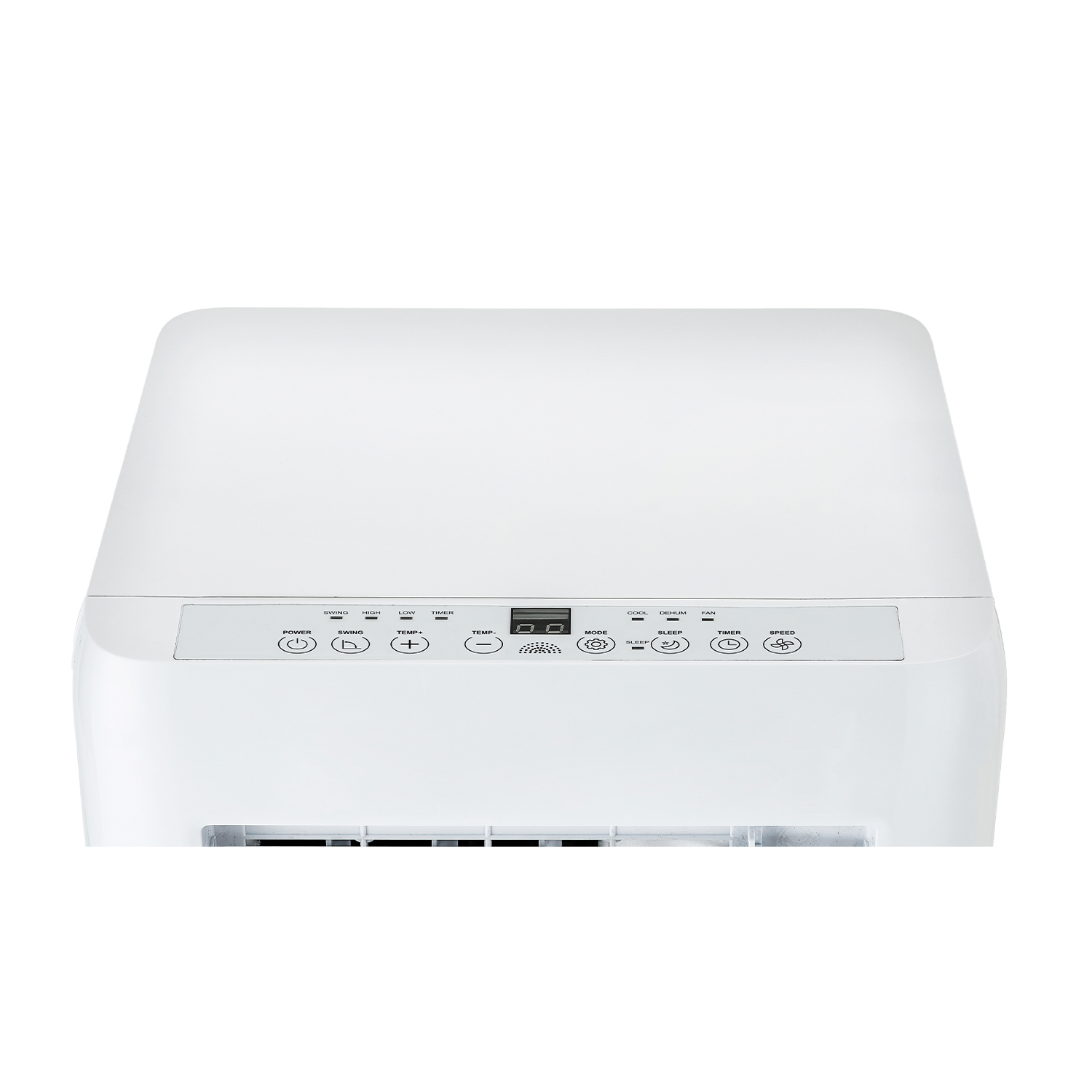 Pannello di controllo condizionatore portatile bianco con pulsanti per accensione, oscillazione, temperatura, modalità, sleep, timer, velocità.