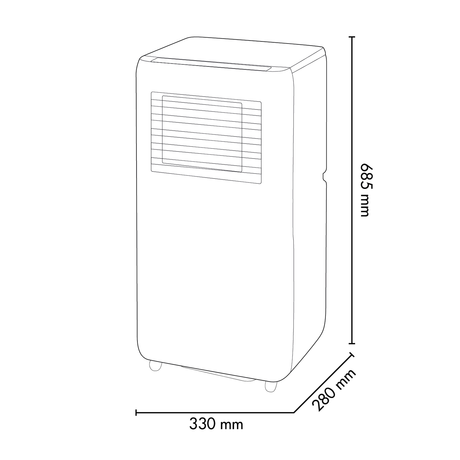 Disegno tecnico di un condizionatore portatile con dimensioni.