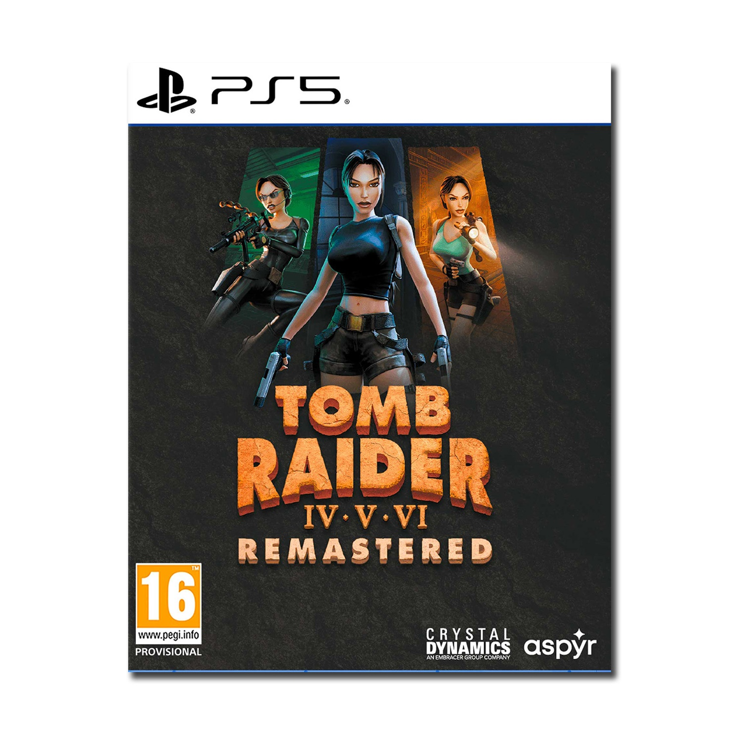 Okładka Tomb Raider Remastered na PS5 przedstawia Larę Croft w trzech pozach na ciemnym tle.