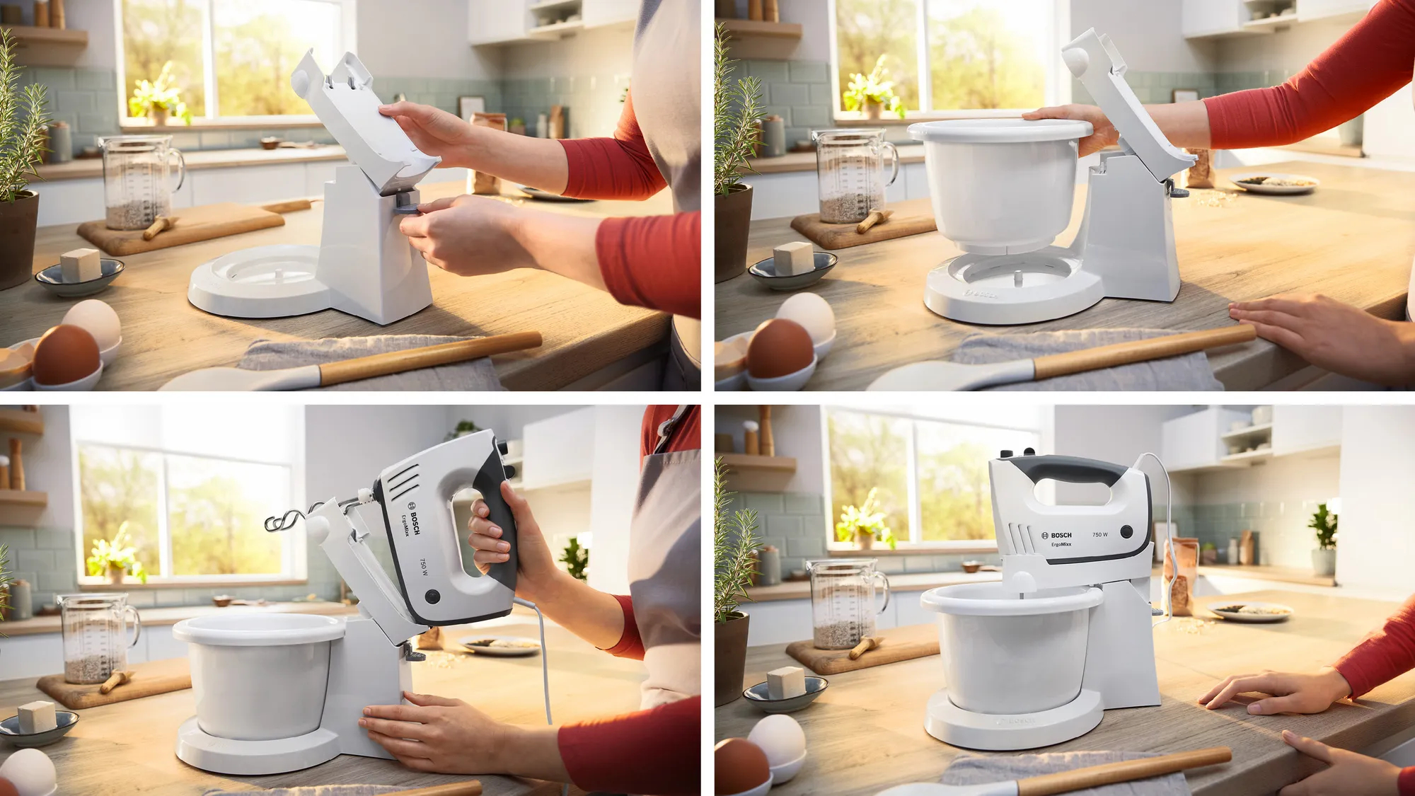 Weiße Küchenmaschine mit Schüssel und Handmixer auf einem Holztisch.