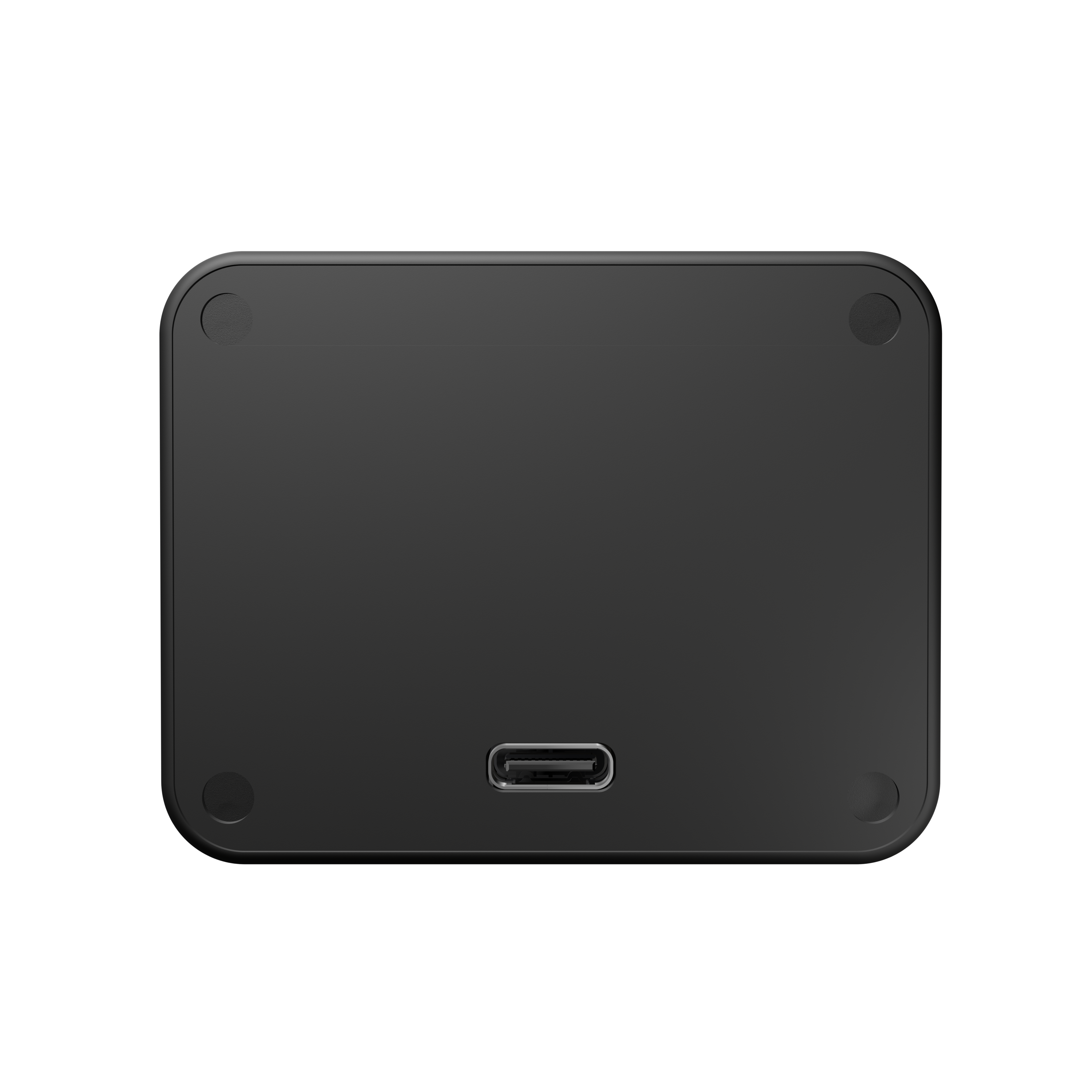 Dispositivo quadrato nero con porta USB-C e quattro piedini in gomma.