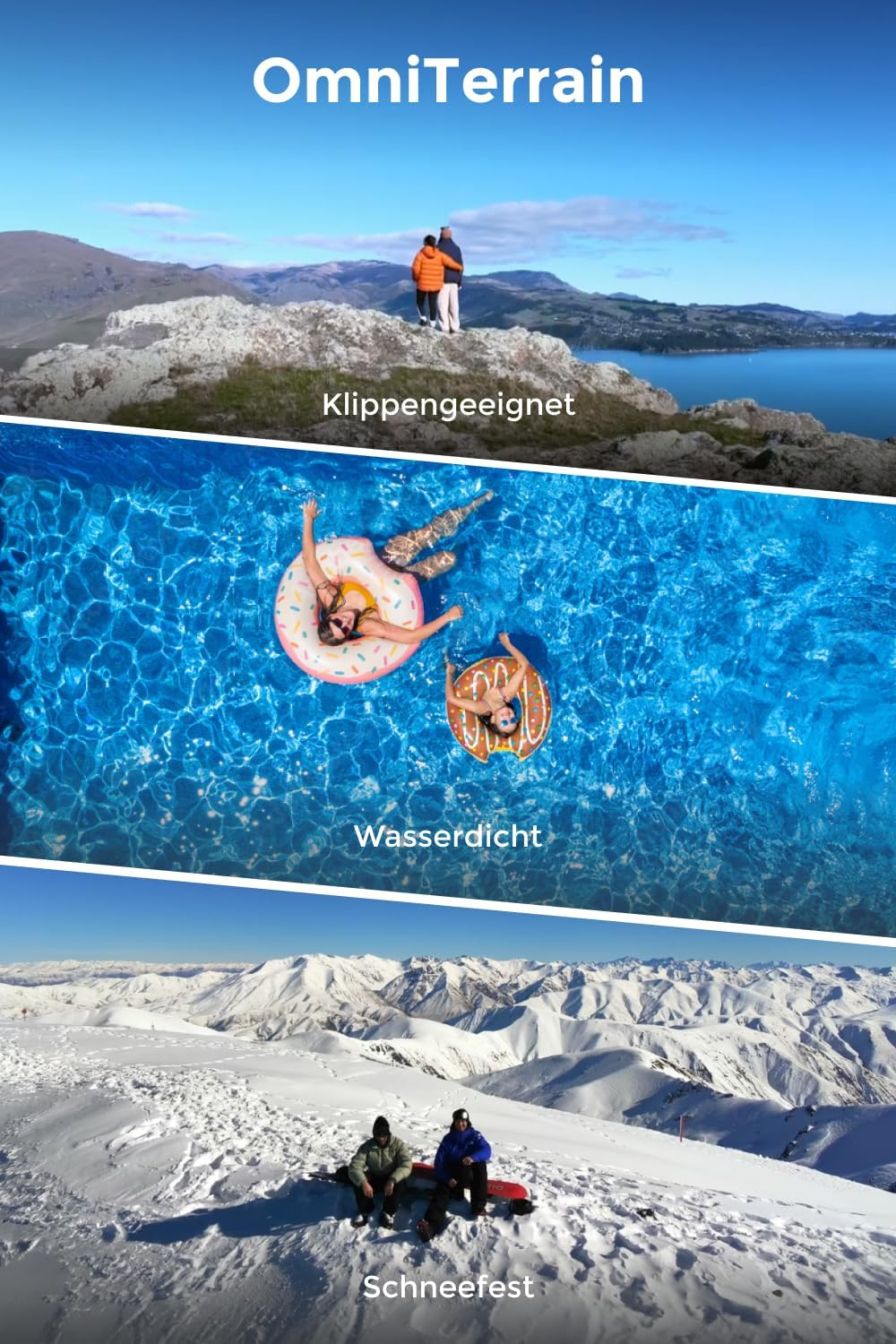 Trzy sceny: góry, basen z materacami, śnieg z dwiema osobami.