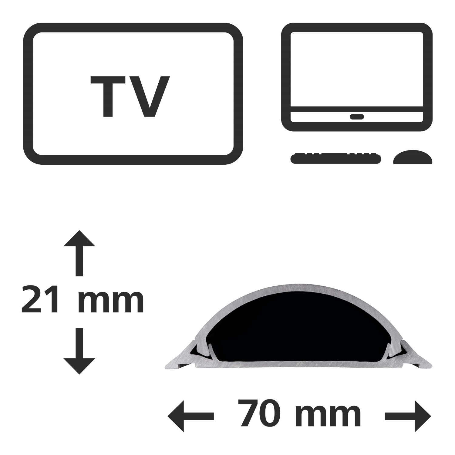 Diagramm zeigt TV, Monitor, Tastatur, Maus und Querschnittsmaße von 21mm und 70mm.