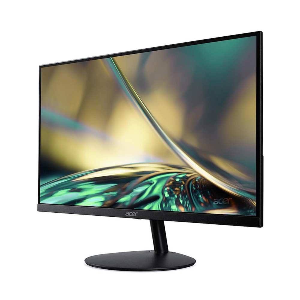 Czarny monitor Acer wyświetlający abstrakcyjne, kolorowe tło.
