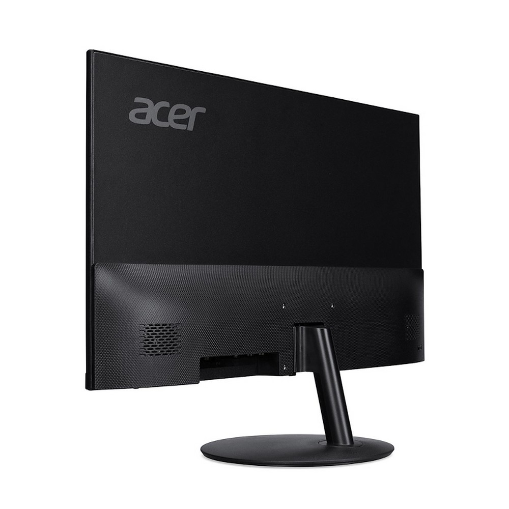 Tył czarnego monitora Acer ze stojakiem na białym tle.