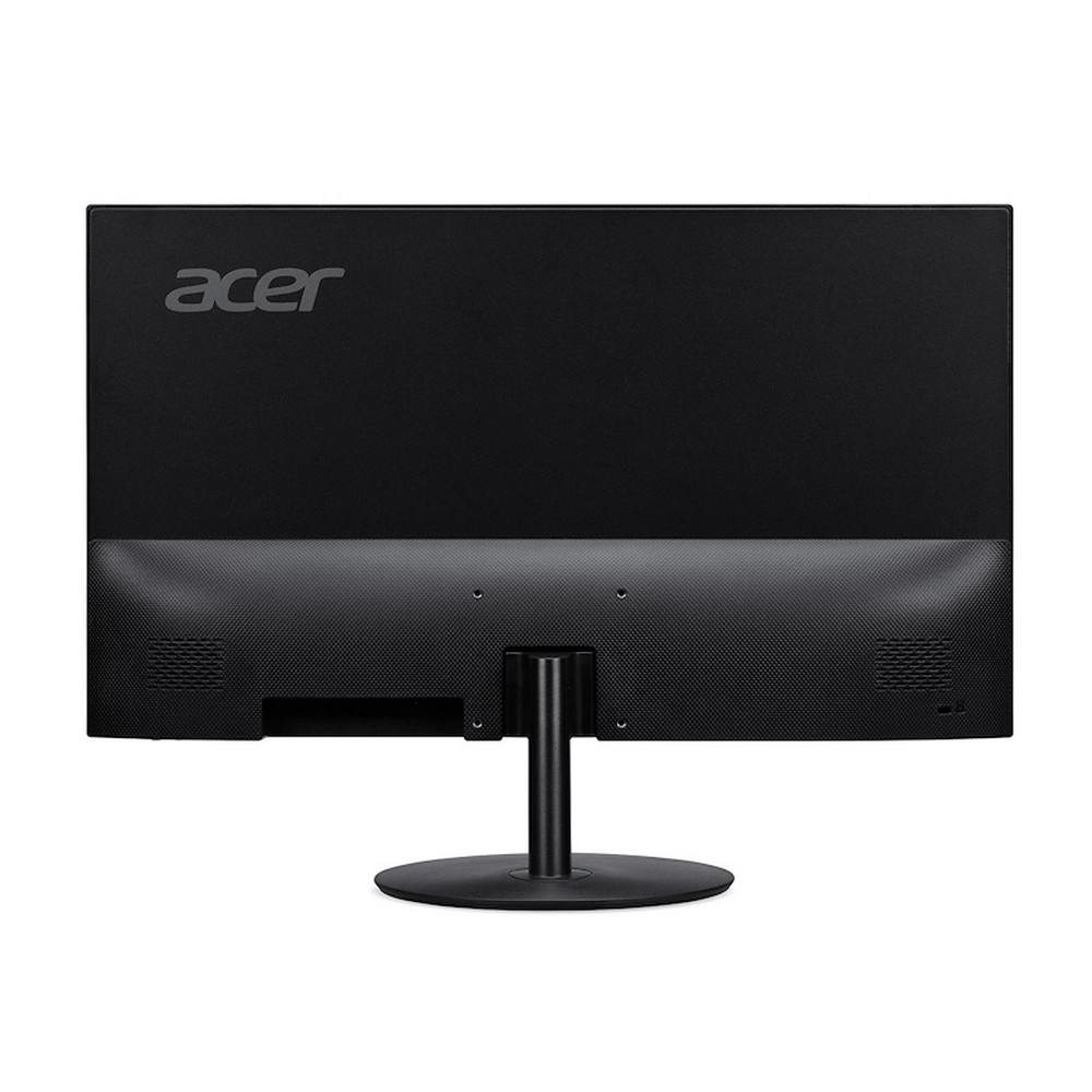 Tył czarnego monitora Acer ze srebrnym stojakiem na białym tle.