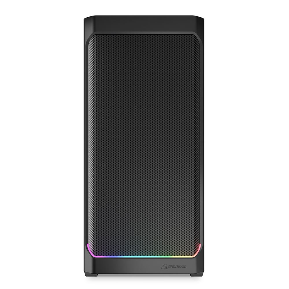 Czarna obudowa PC z wentylowanym panelem przednim i oświetleniem RGB na dole.