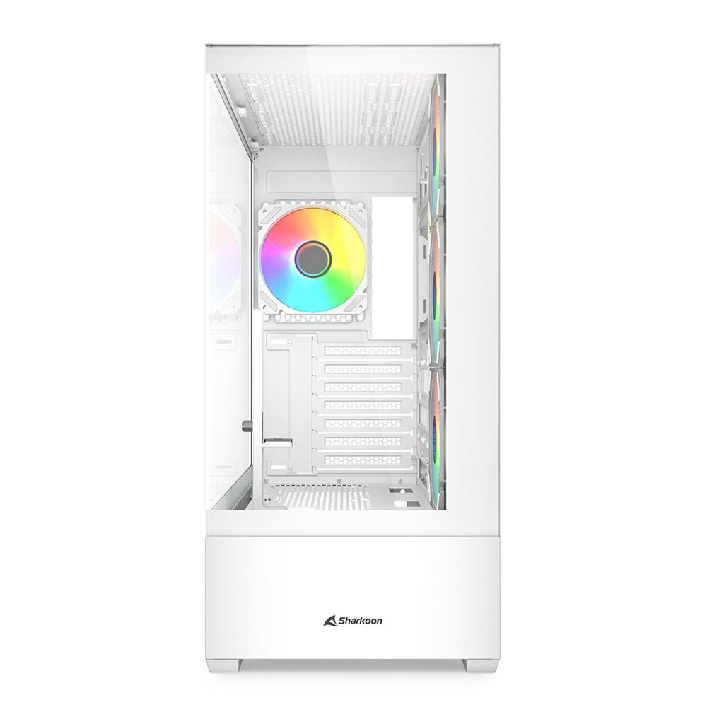 Boîtier PC blanc avec ventilateurs RGB et fenêtre en verre.