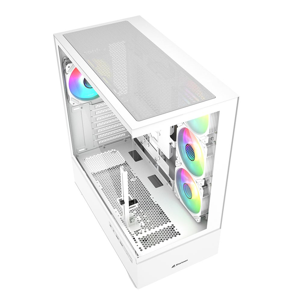 Boîtier PC blanc avec ventilateurs RVB et fenêtre latérale transparente.