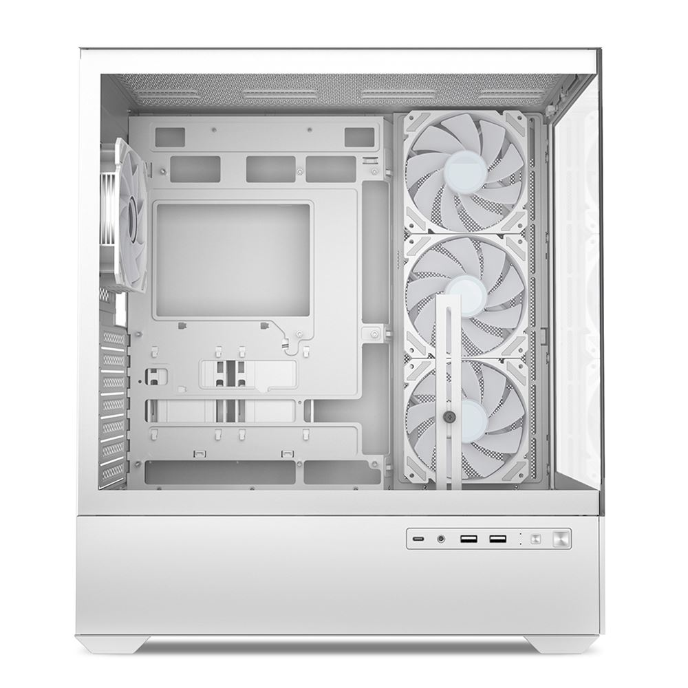 Boîtier PC blanc avec trois ventilateurs frontaux et un arrière.