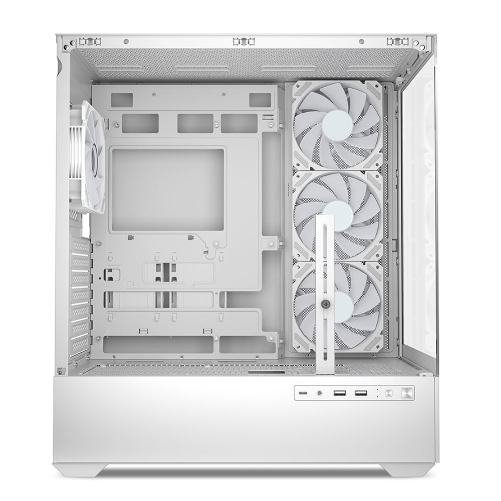 Un boîtier PC blanc avec trois ventilateurs et gestion des câbles.
