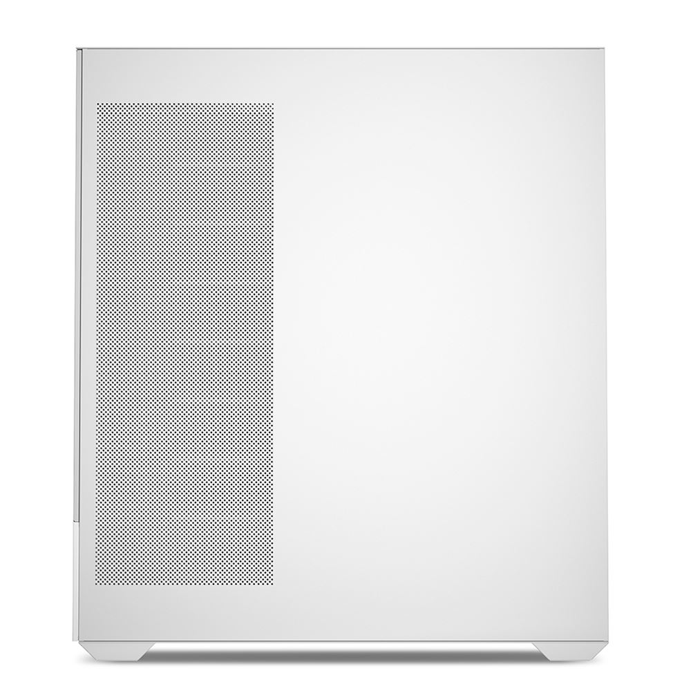 Façade de boîtier PC blanc avec grille d'admission d'air perforée à gauche.