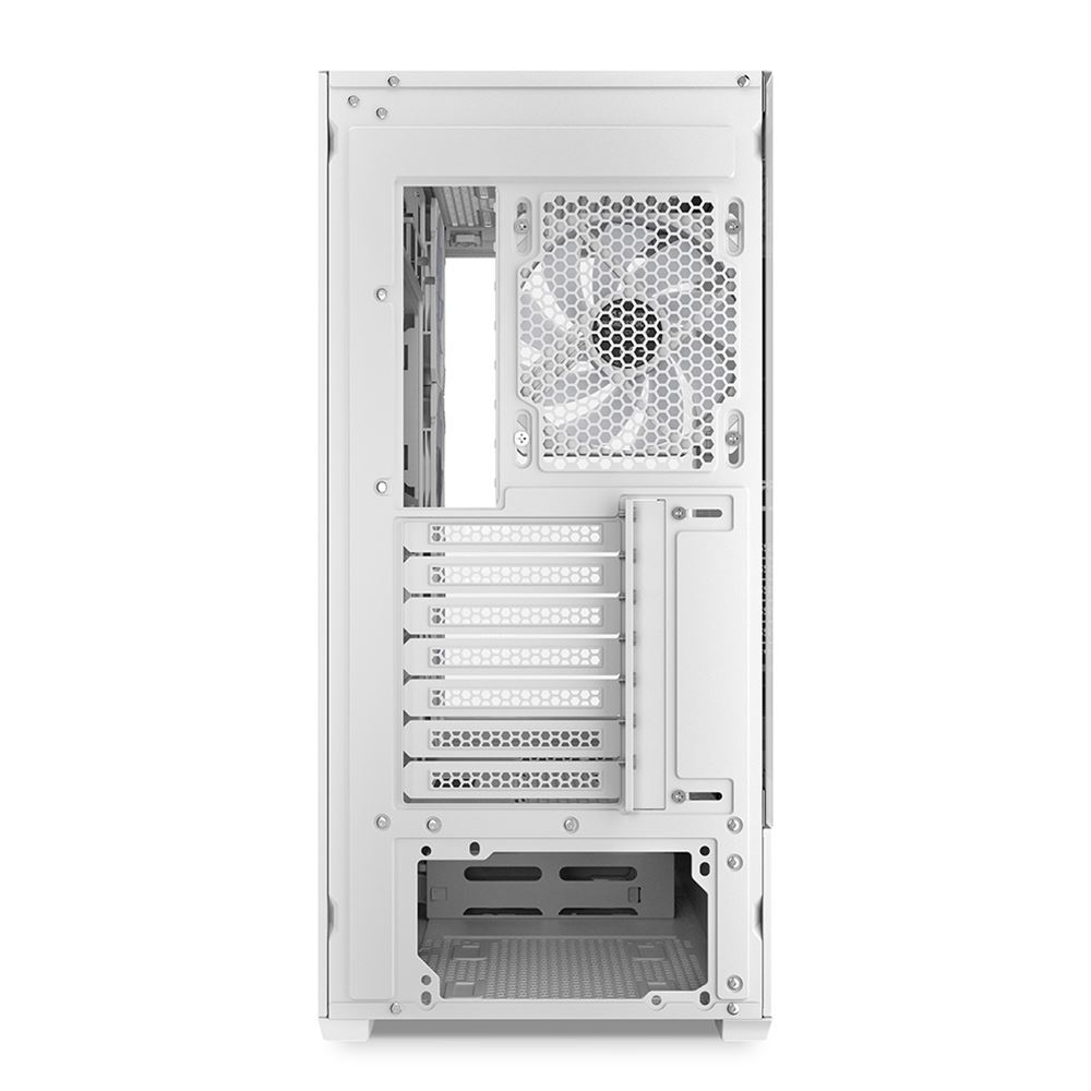 Vue arrière d'un boîtier d'ordinateur blanc avec ventilateur et fentes d'extension.