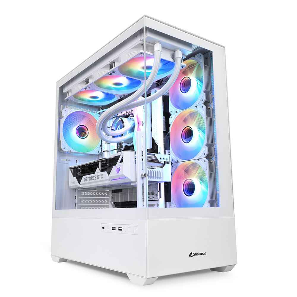 Un boîtier PC blanc avec ventilateurs RVB et carte graphique.