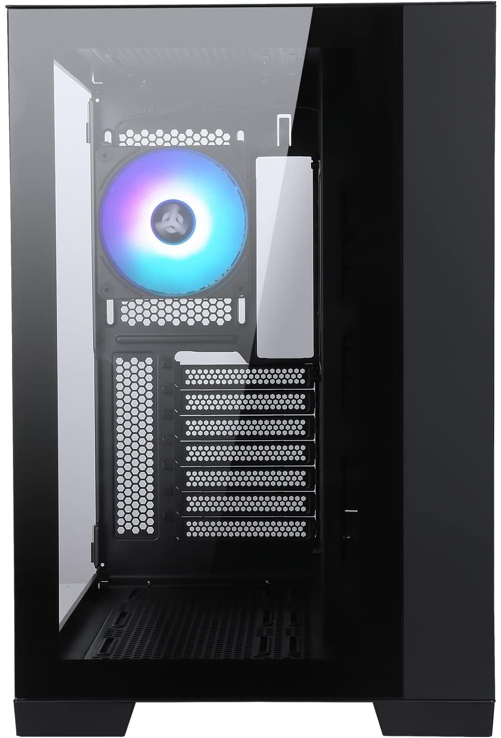 Un case PC nero con frontale in vetro e ventola illuminata.