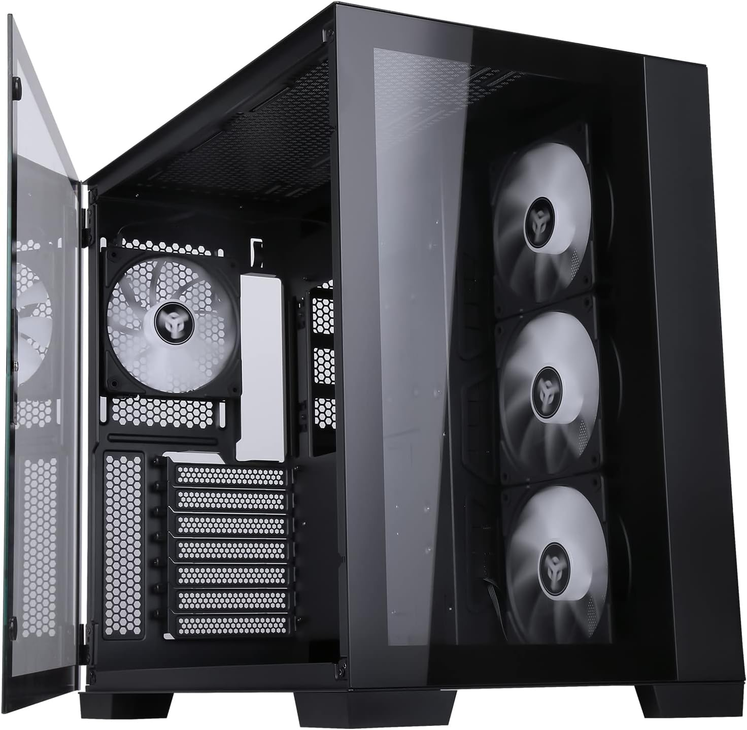Un case PC nero aperto con ventole e frontale in vetro.
