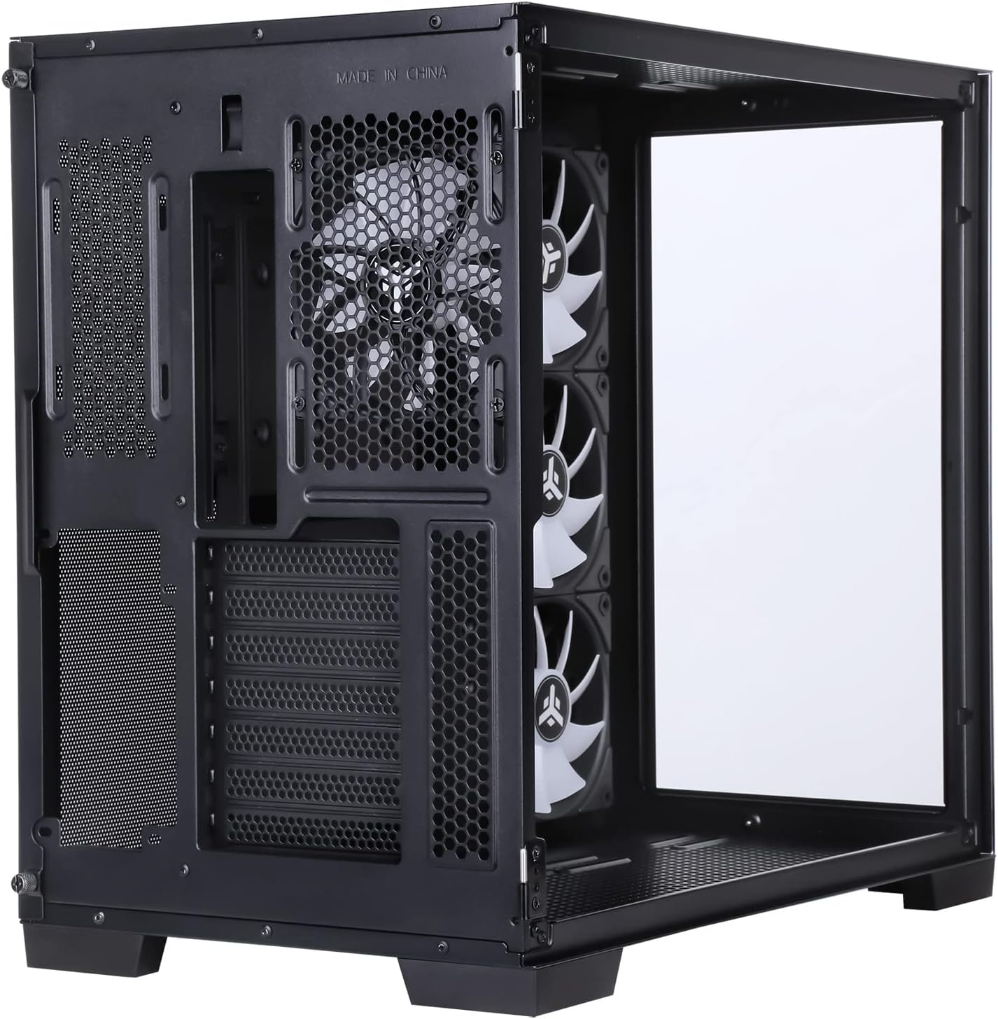Case nero per computer con pannello laterale in vetro, tre ventole visibili.