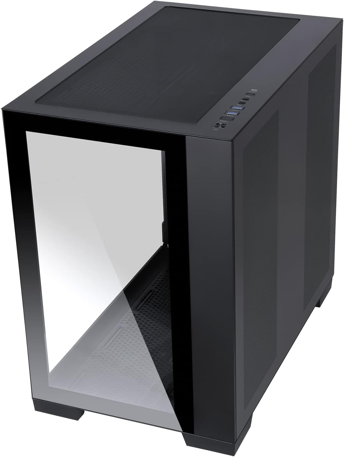 Case PC nero con frontale in vetro e fessure di ventilazione laterali.