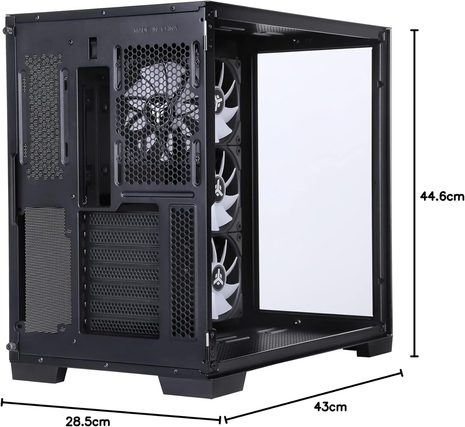 Case PC nero con tre ventole e finestra in vetro. Dimensioni: 43x28,5x44,6cm.
