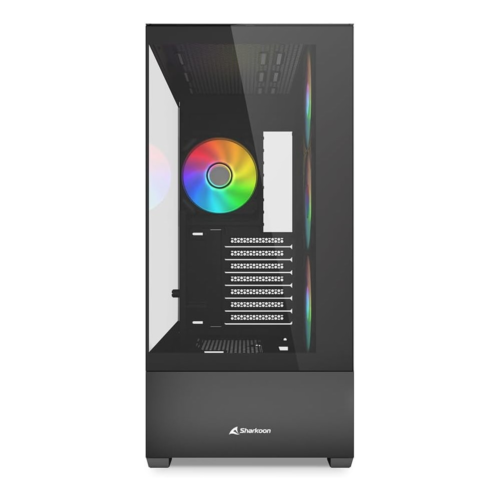 A black computer case with a glass side panel and RGB lighting.