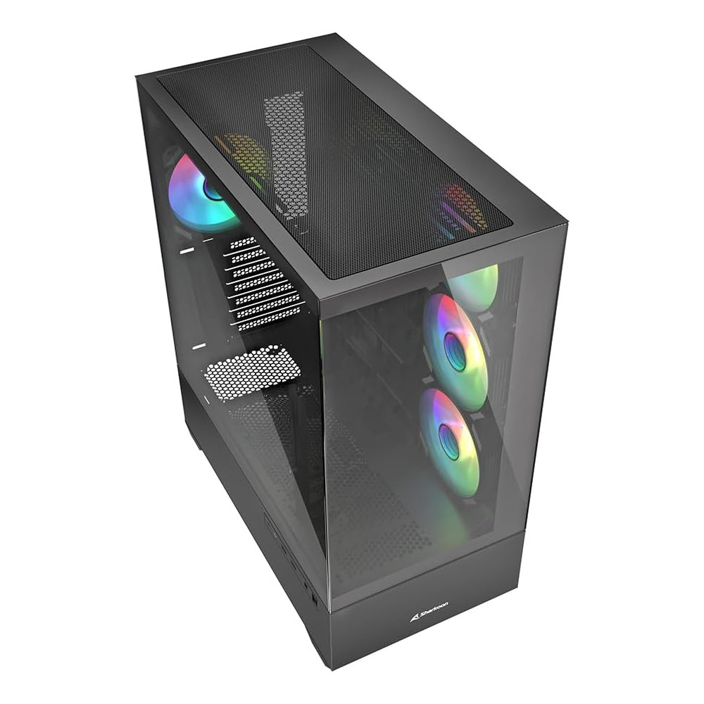 Black PC case with glass front and RGB fans, on a white background.