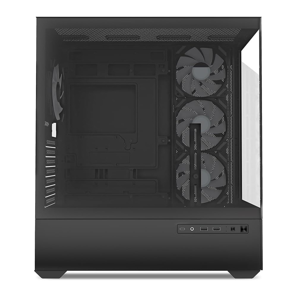 Black computer case with three fans on the side and one fan at the rear.