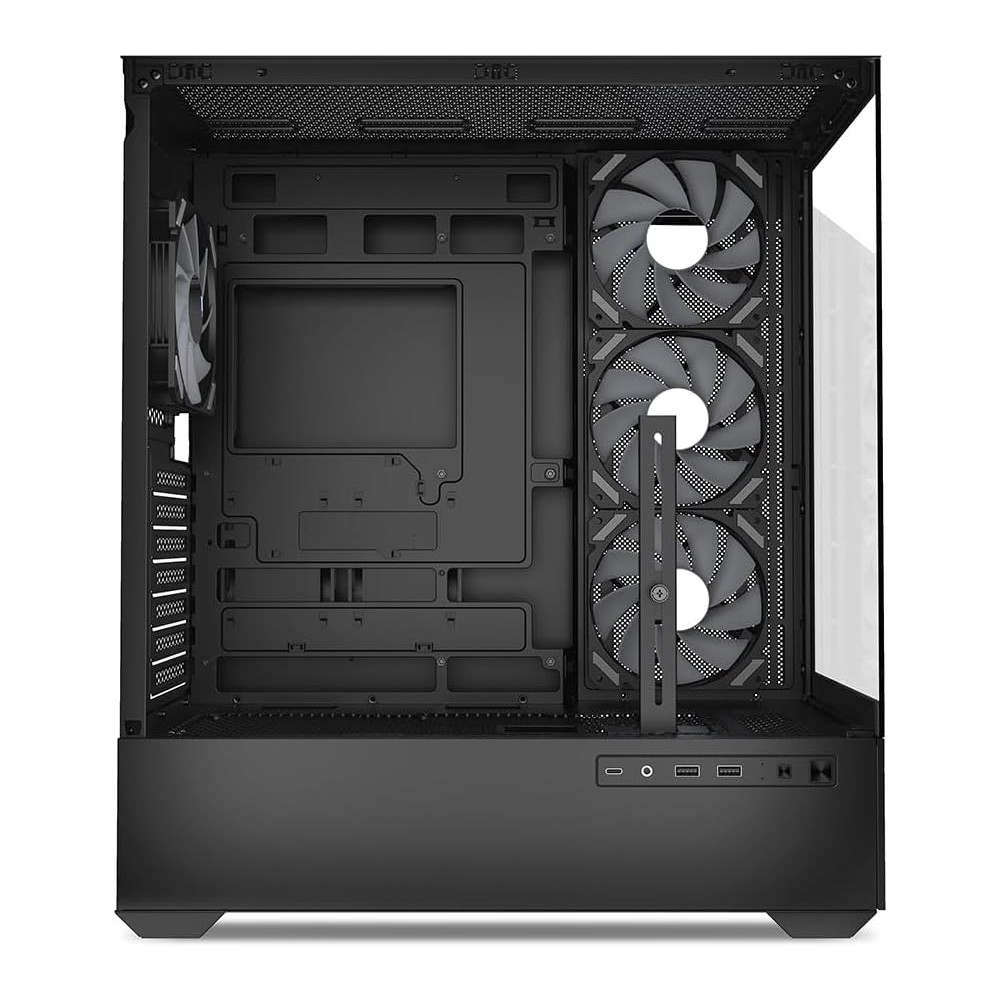 An empty black PC case interior with three front fans and one rear fan.