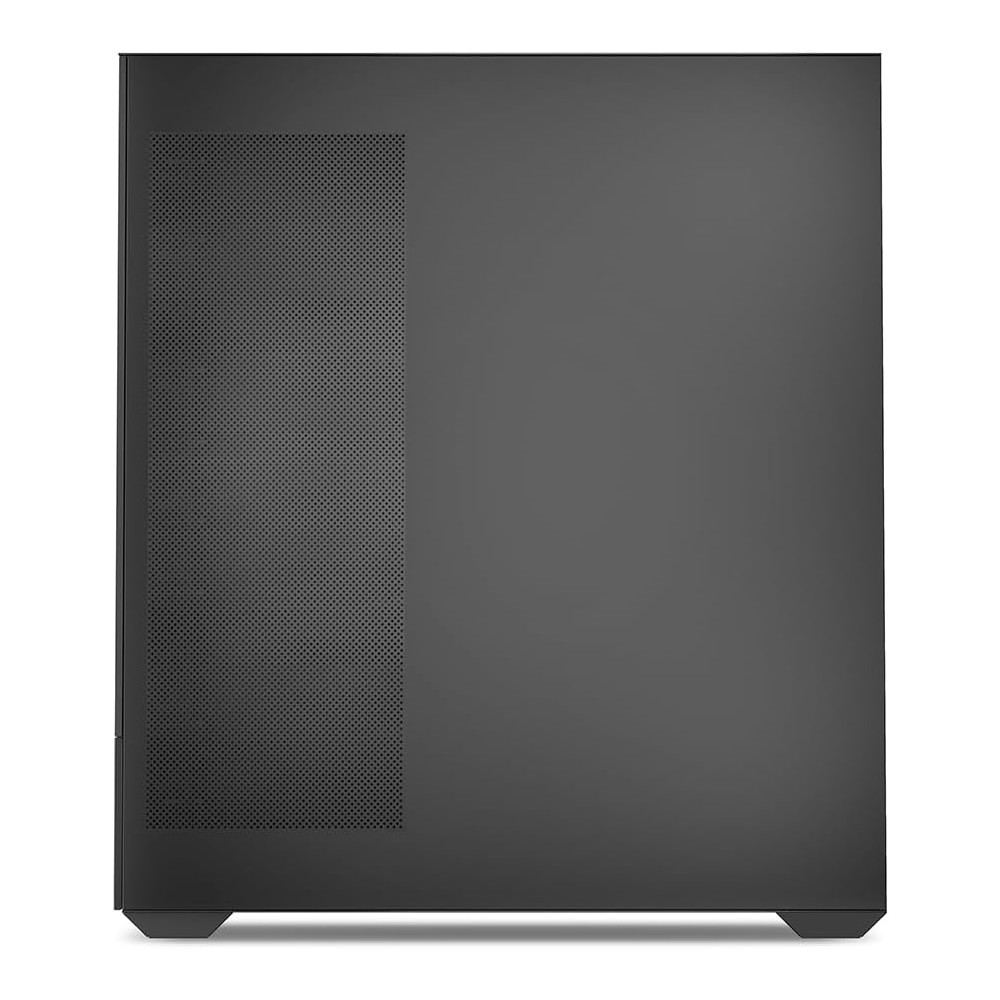 Black computer case with a perforated side panel and feet.