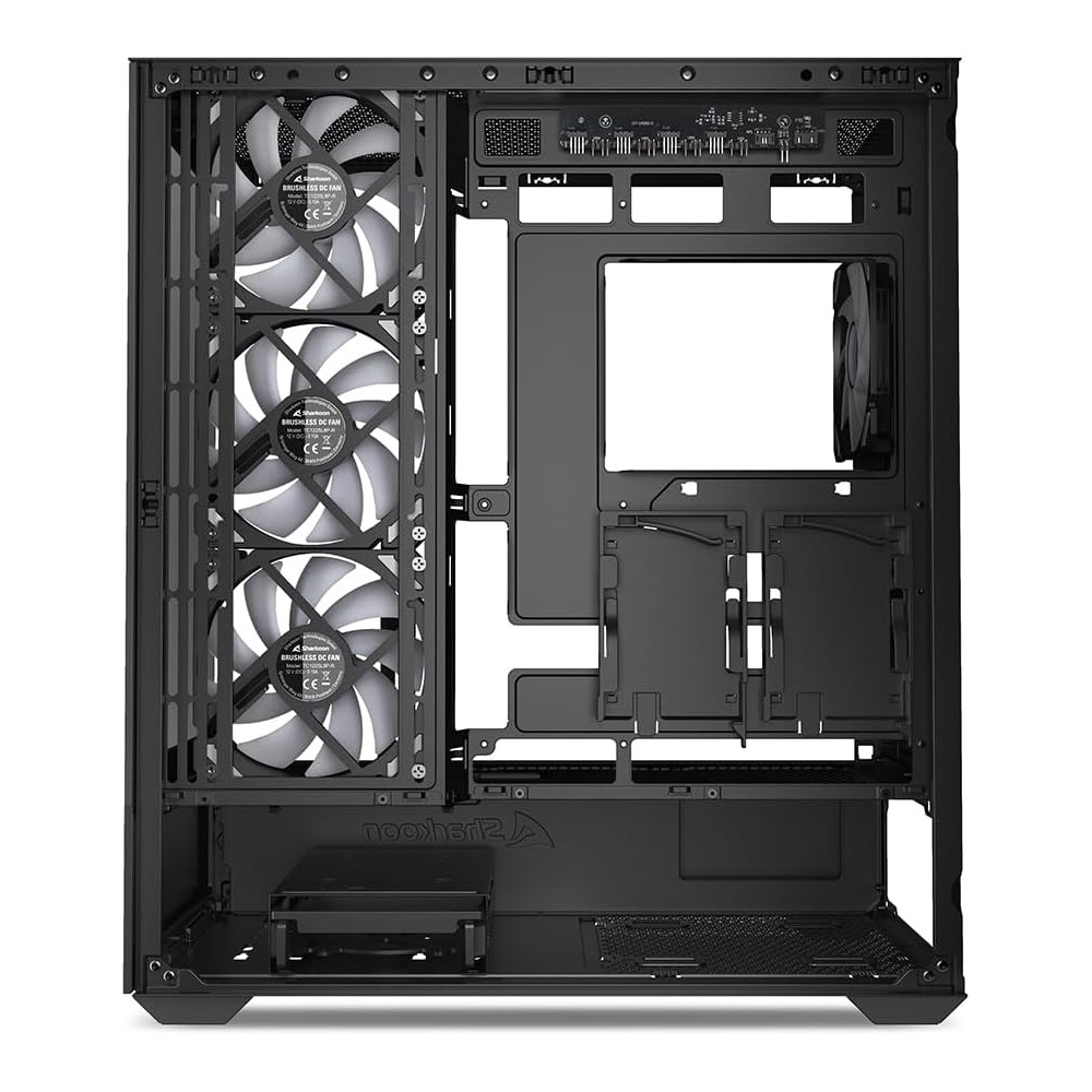 Black computer case with three fans on the front and rear.
