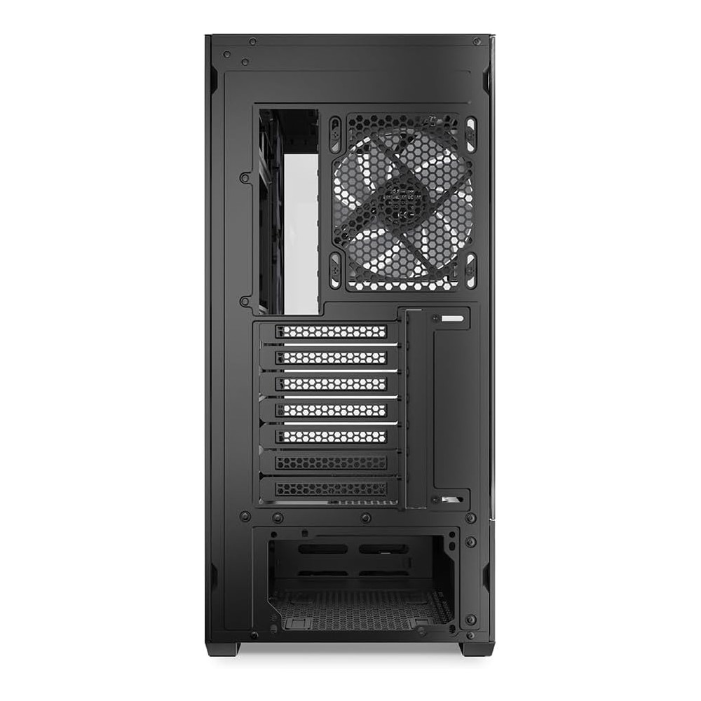Back of a black computer case with fan and expansion slots.