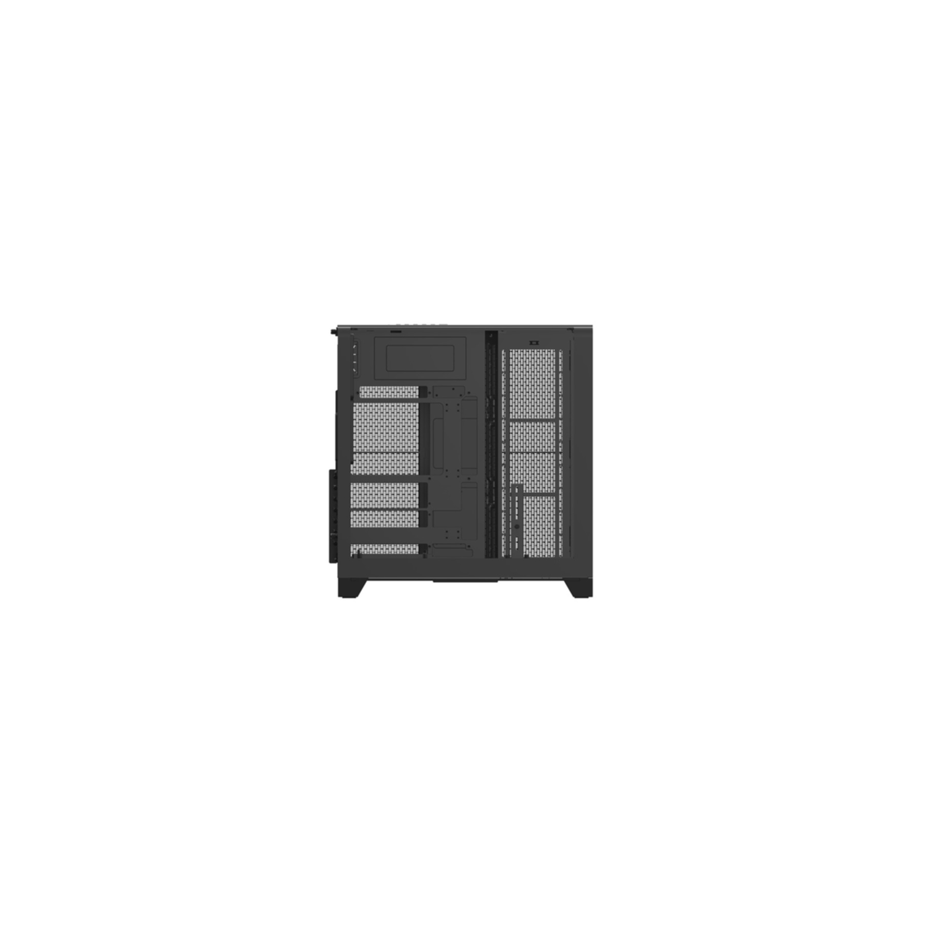 Un case per computer nero con fessure di ventilazione sul retro.