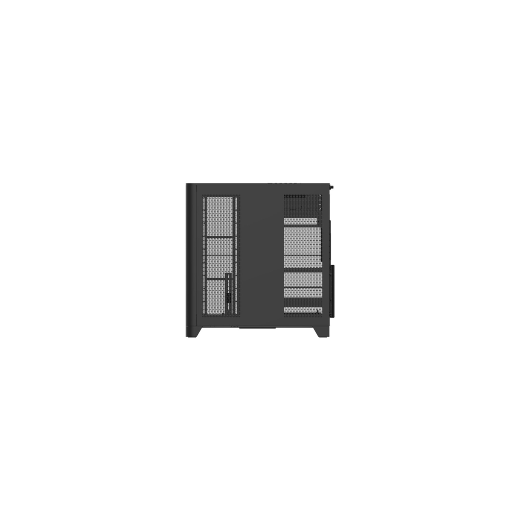 Case del computer nero con pannelli in rete sui lati e frontale, su sfondo bianco.