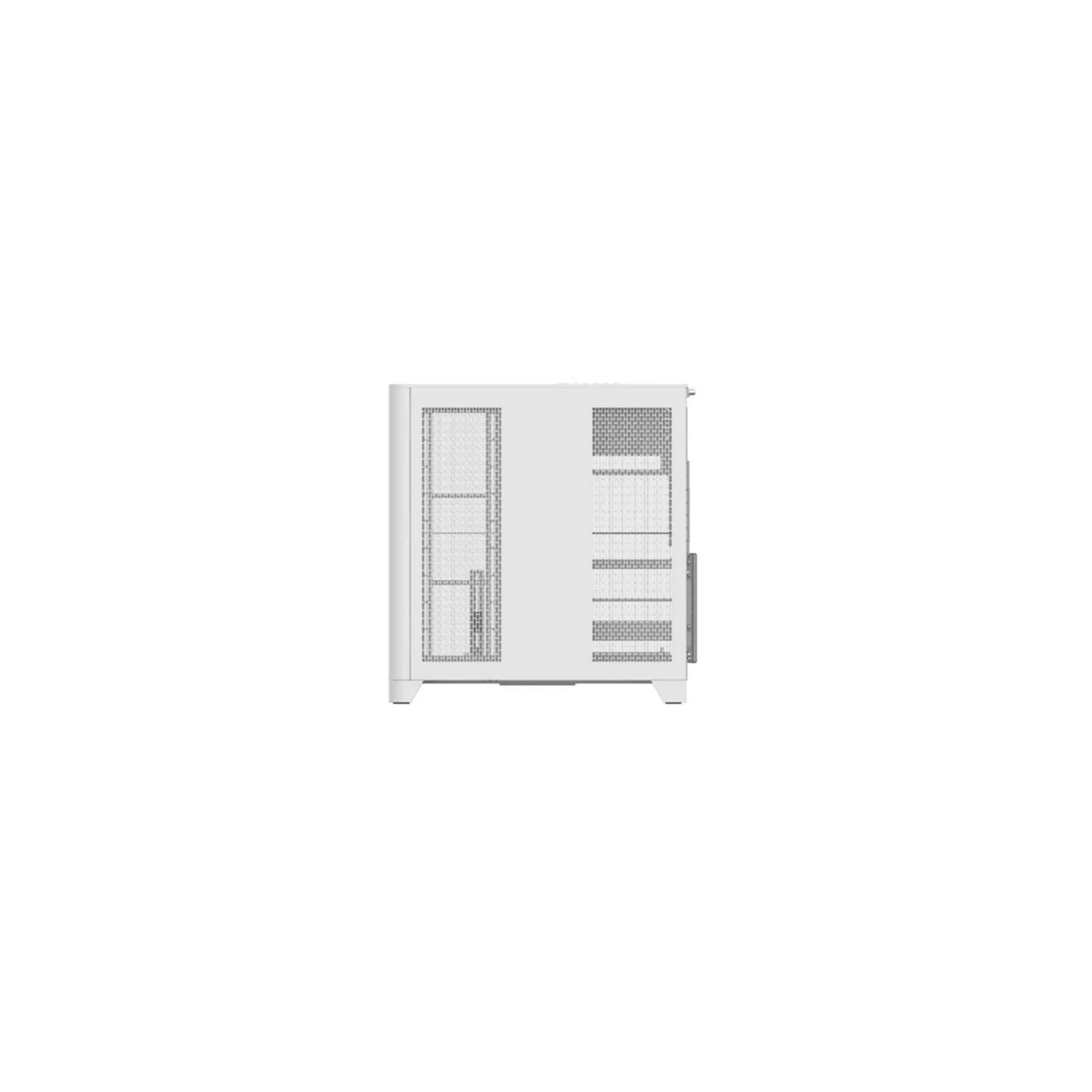 Ein weißes Computergehäuse mit Netzpaneelen auf der linken und rechten Seite.