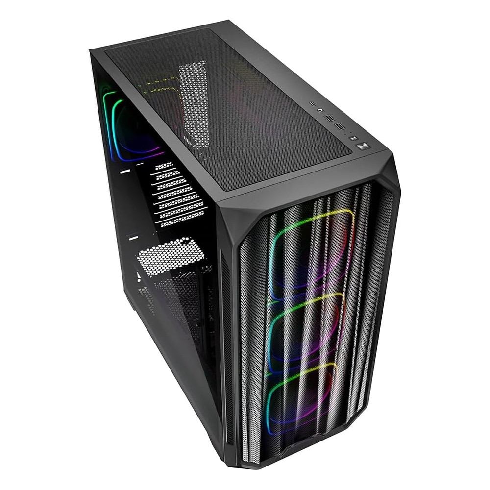 Case PC nero con ventole RGB e pannello frontale in mesh.