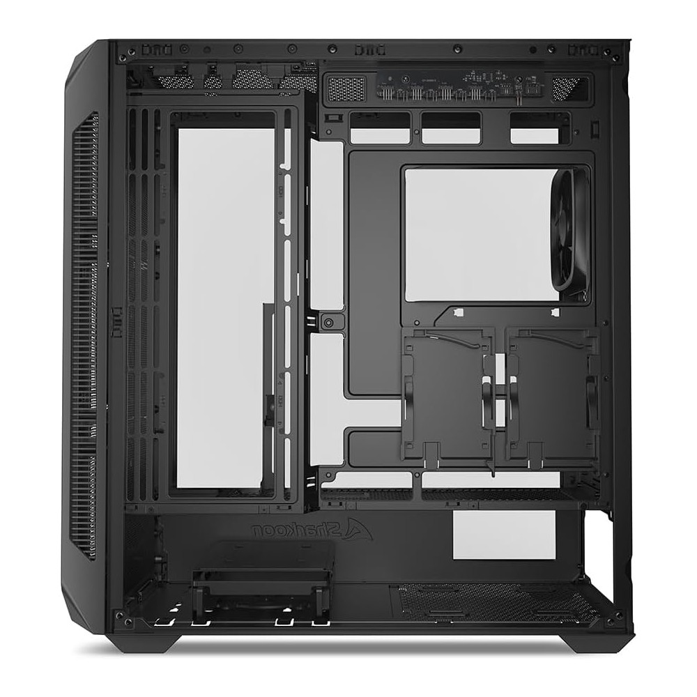 Interno del case del computer nero, che mostra supporti per unità e ventole.