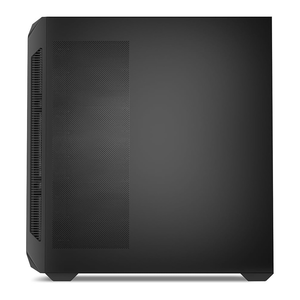 Un case per PC nero con un lato forato e un lato liscio.