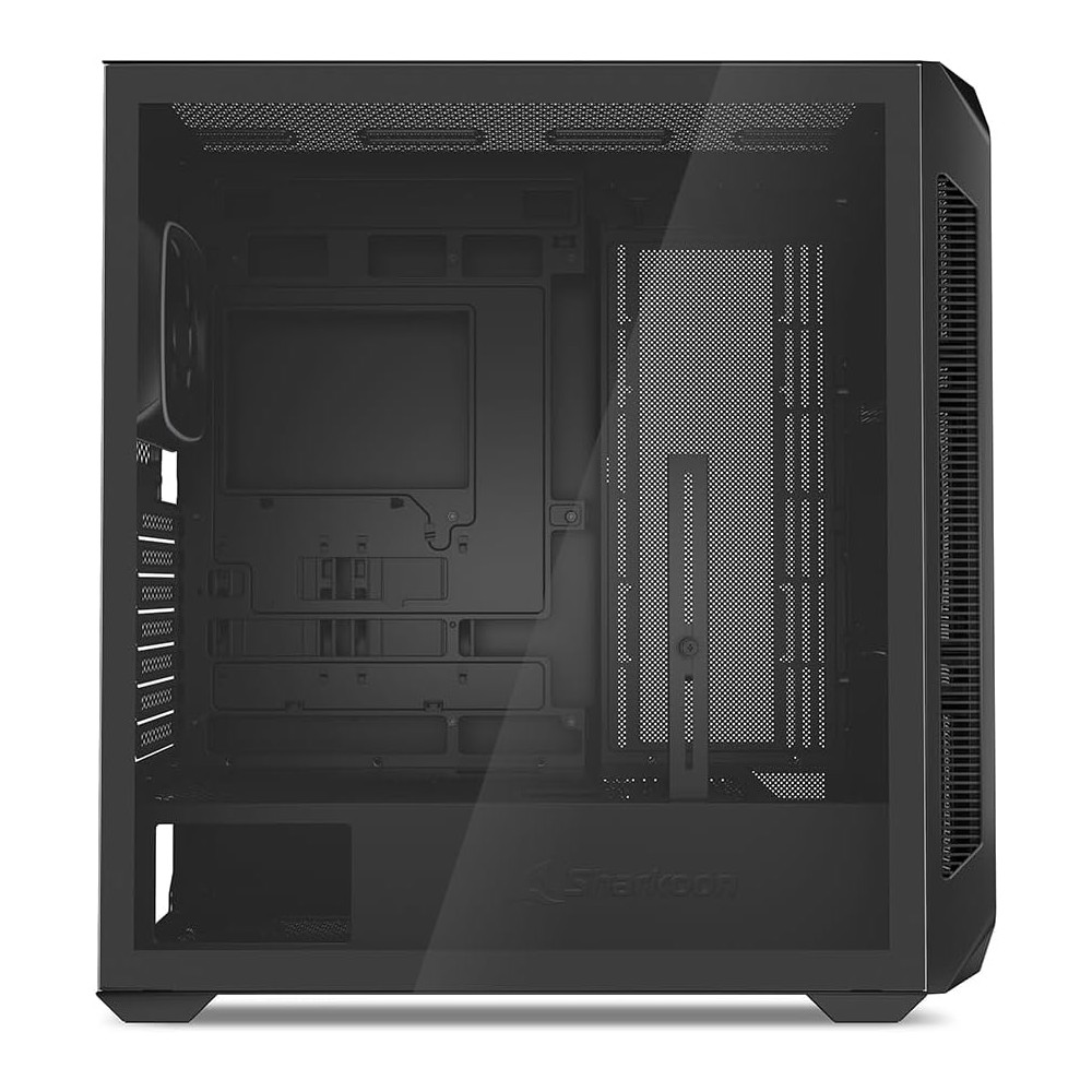 Un case per PC nero con pannello laterale in vetro e prese d'aria.