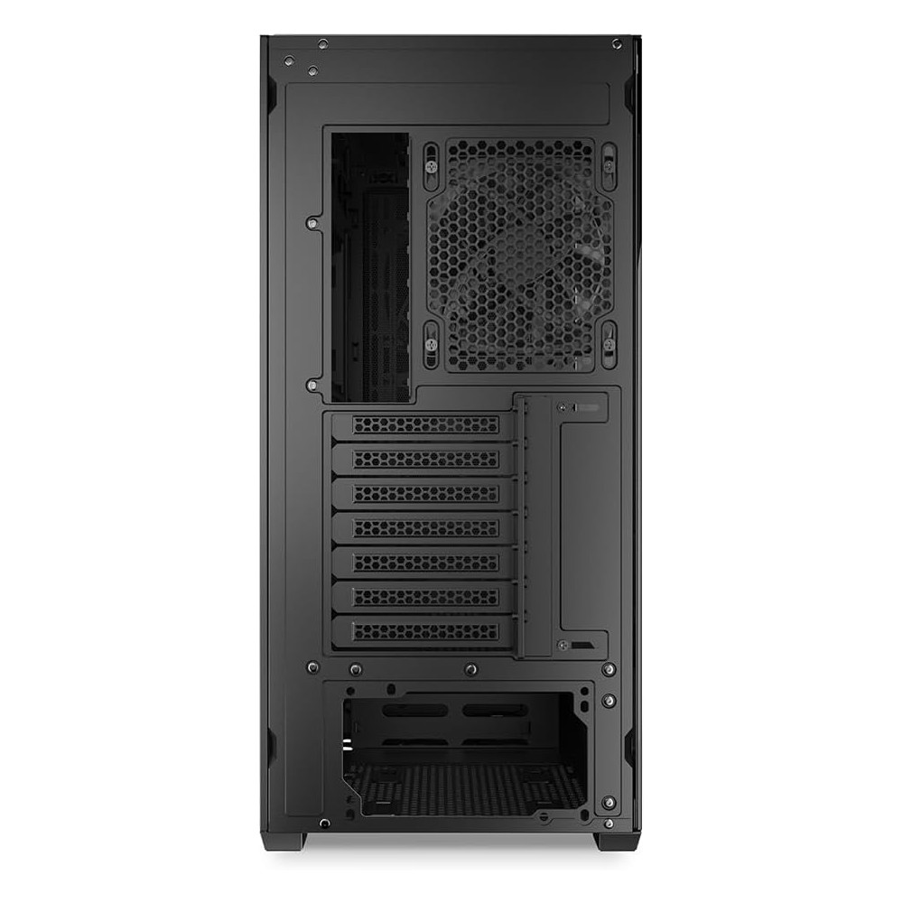 Vista posteriore di un case per computer nero con ventola e slot di espansione.