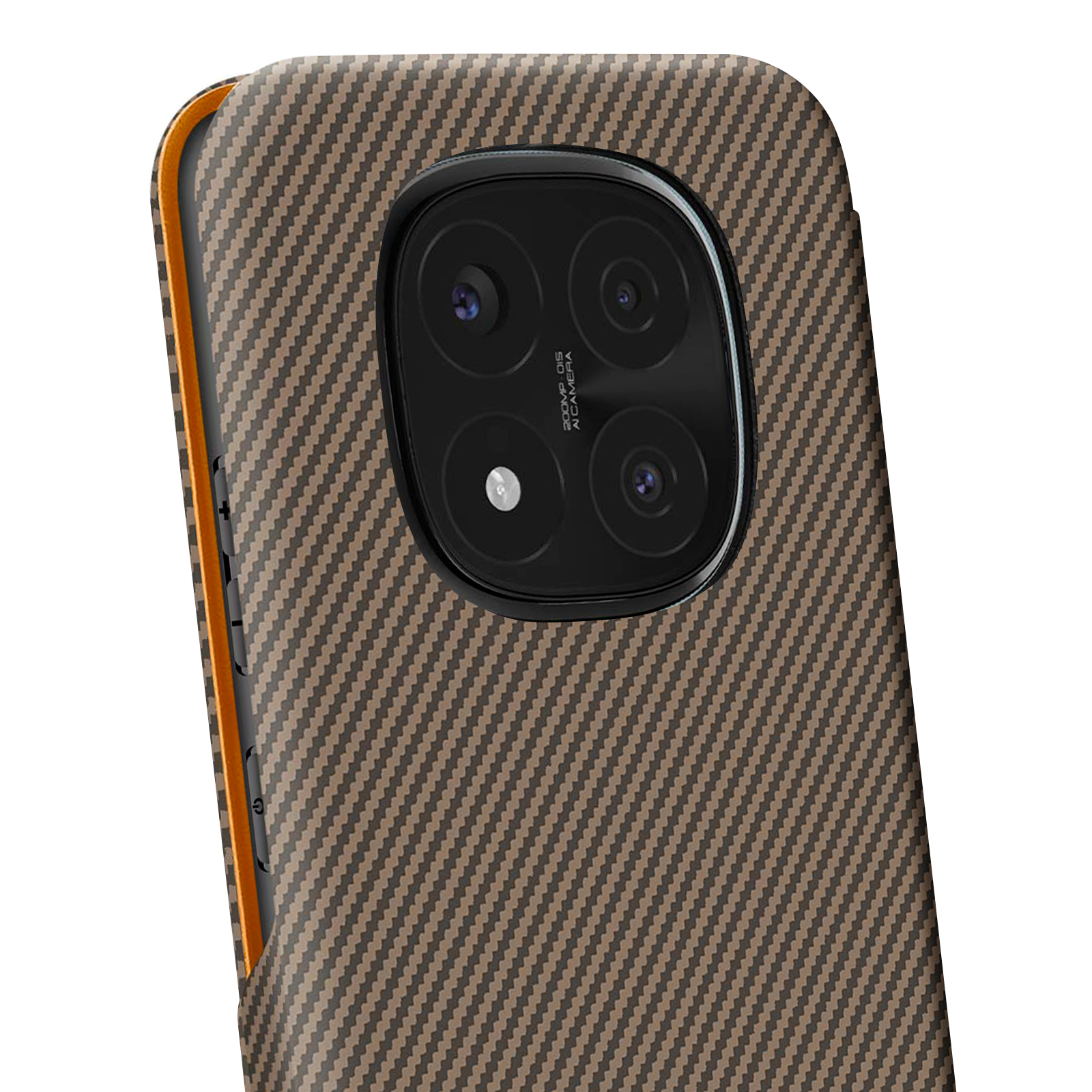 Custodia per telefono in fibra di carbonio marrone con modulo fotocamera nero e bordo arancione.