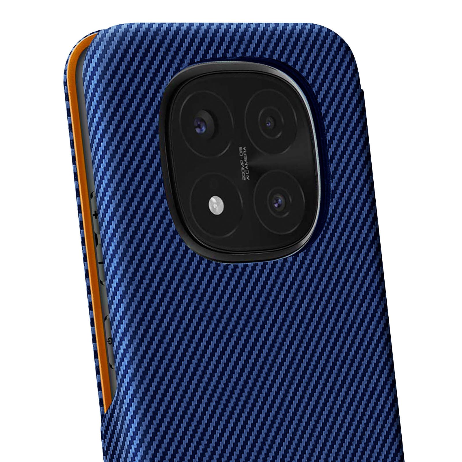 Primo piano di una cover blu per telefono con motivo in fibra di carbonio.