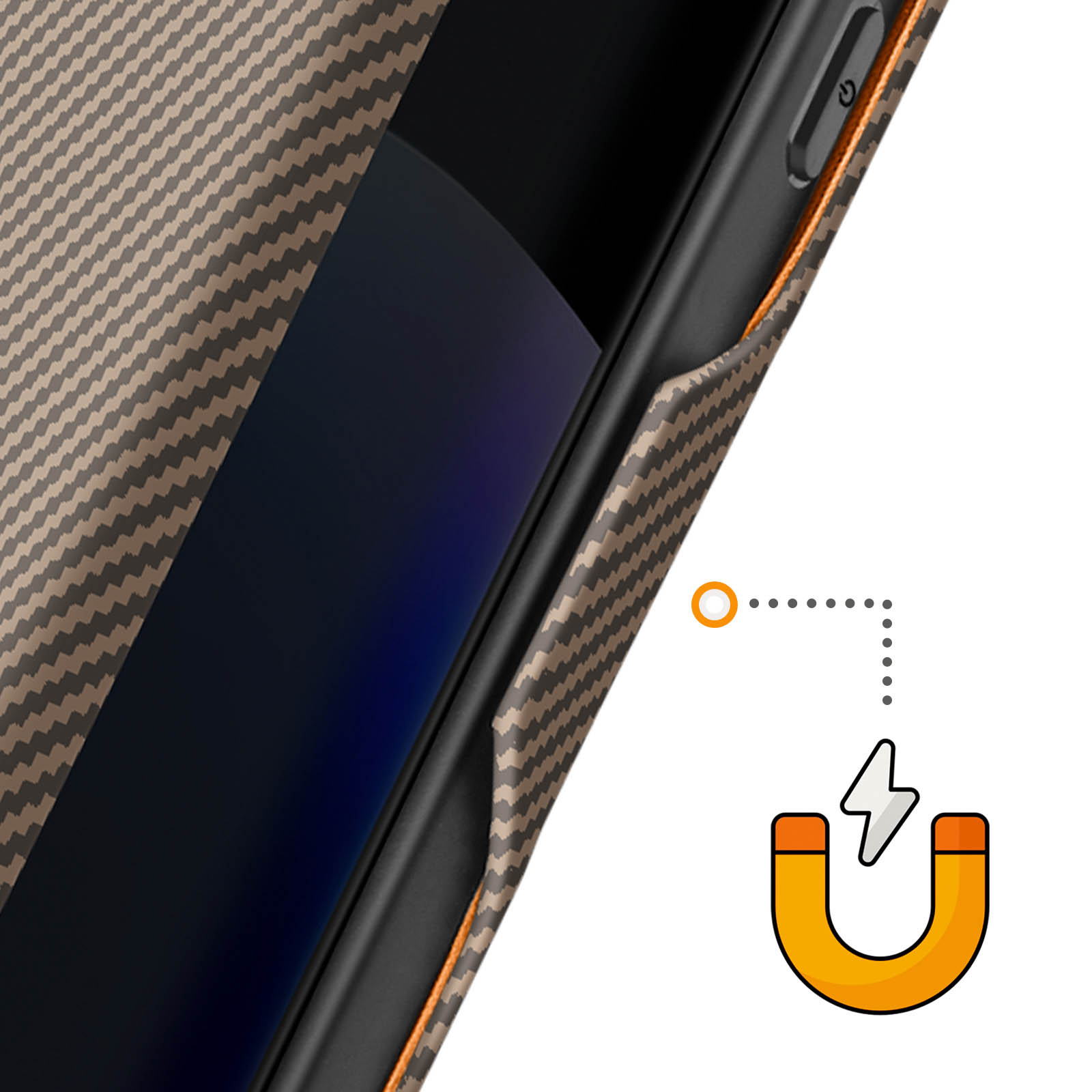 Un telefono con custodia in fibra di carbonio marrone e icona magnete.