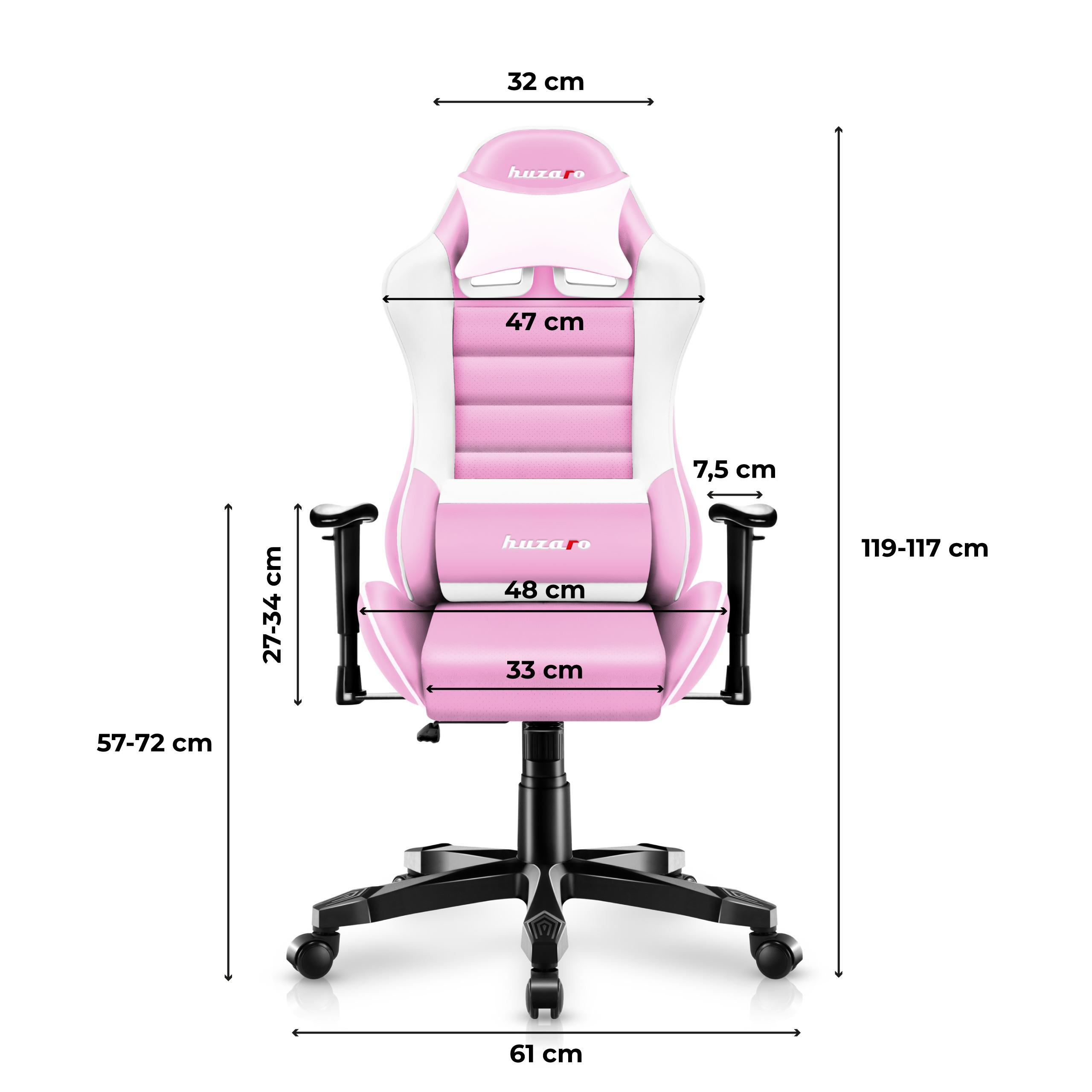 Różowe i białe krzesło gamingowe z wymiarami.