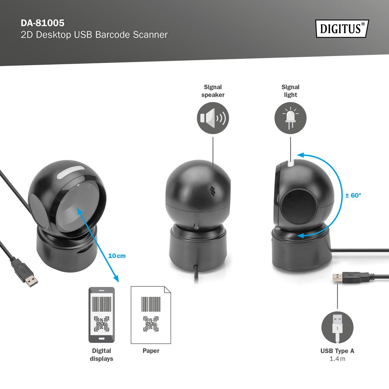 Scanner USB da banco 3D per codici a barre con altoparlante, luce e porta USB.